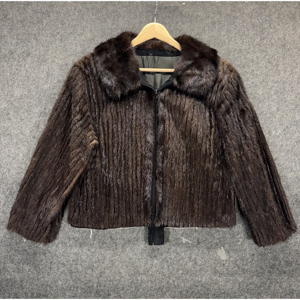 Vintage 70s 80s Saga Mink Genuine Fur Jacket Womens 14 Medium Brown Cropped Zip